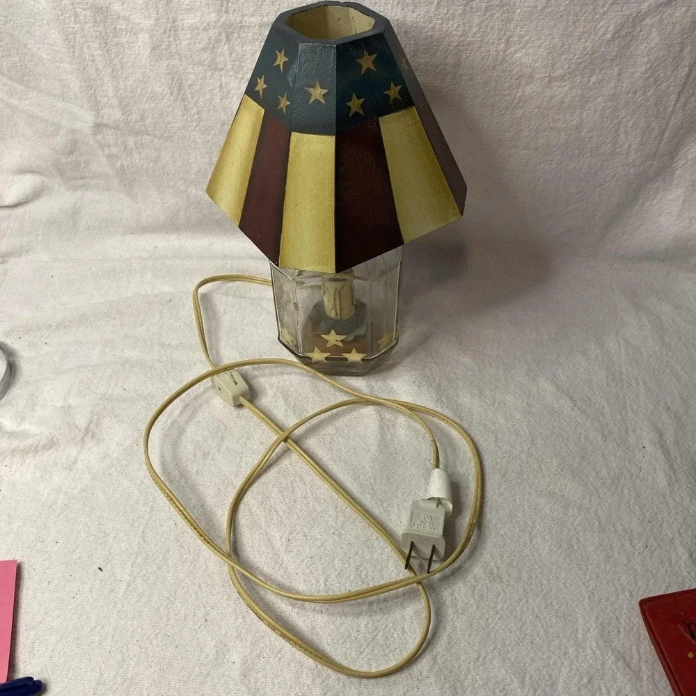 Red White Blue Americana Lamp Glass Bottom, Wood Shade Stars Flag